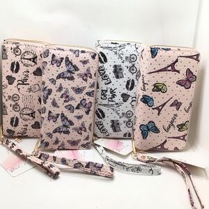 Blush Kiss Glitter Paris Eiffel Tower Butterfly Print Wristlet Wallet